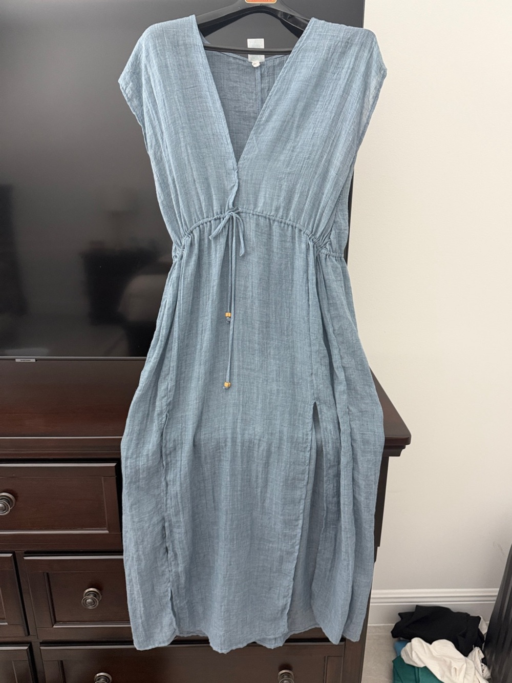 Kona Sol Dusty Blue V-Neck Midi Cover Up with Drawstring Waist